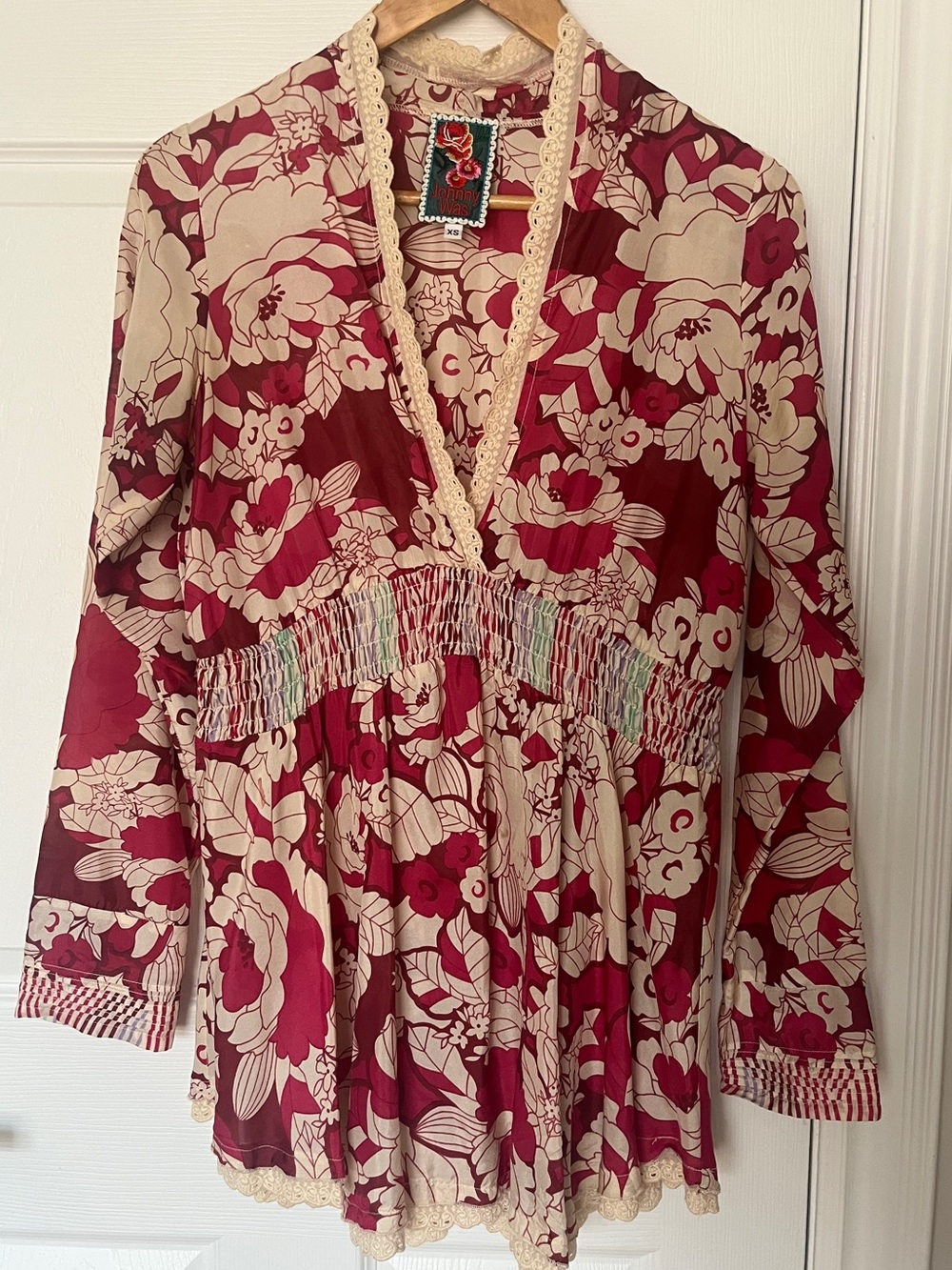 Johnny Was Silk Boho Floral Smocked Mini Dress Lace Trim